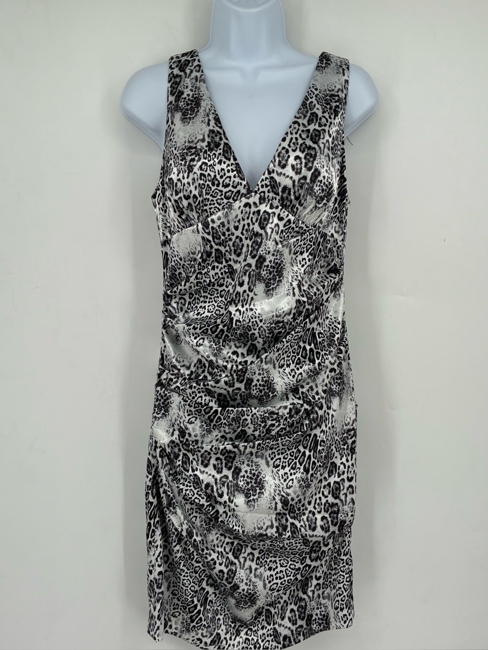 NEW Vintage 90s Cache 8 Animal Print Leopard Satin Ruched Mini Dress Cheetah V